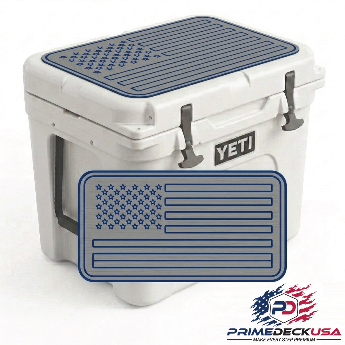 A white YETI cooler with a dark blue American flag patterned rubber mat on top and a matching front bumper mat, shown on a white background with a Prime Deck USA logo in the corner.