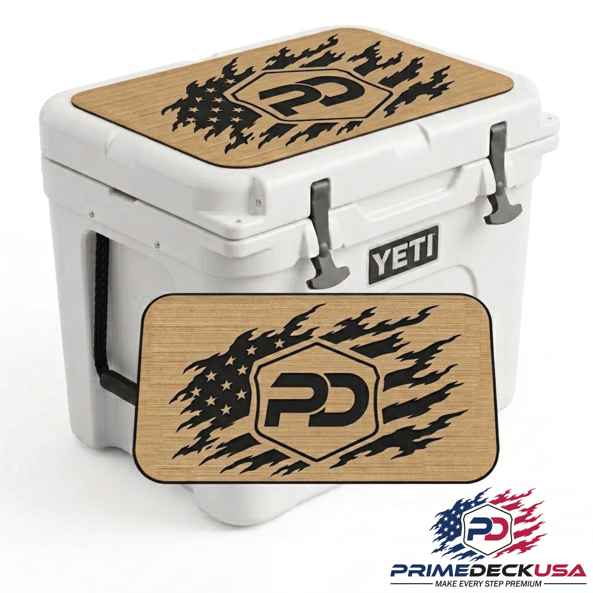 A white YETI cooler shown on a white background with two decorative wood-look mats featuring a black 'PD' logo and flame-like graphic. A smaller front mat is displayed separately, and a Prime Deck USA logo appears in the bottom right corner.