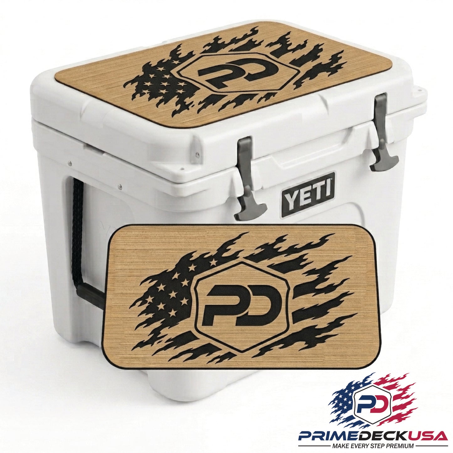 A white YETI cooler shown on a white background with two decorative wood-look mats featuring a black 'PD' logo and flame-like graphic. A smaller front mat is displayed separately, and a Prime Deck USA logo appears in the bottom right corner.