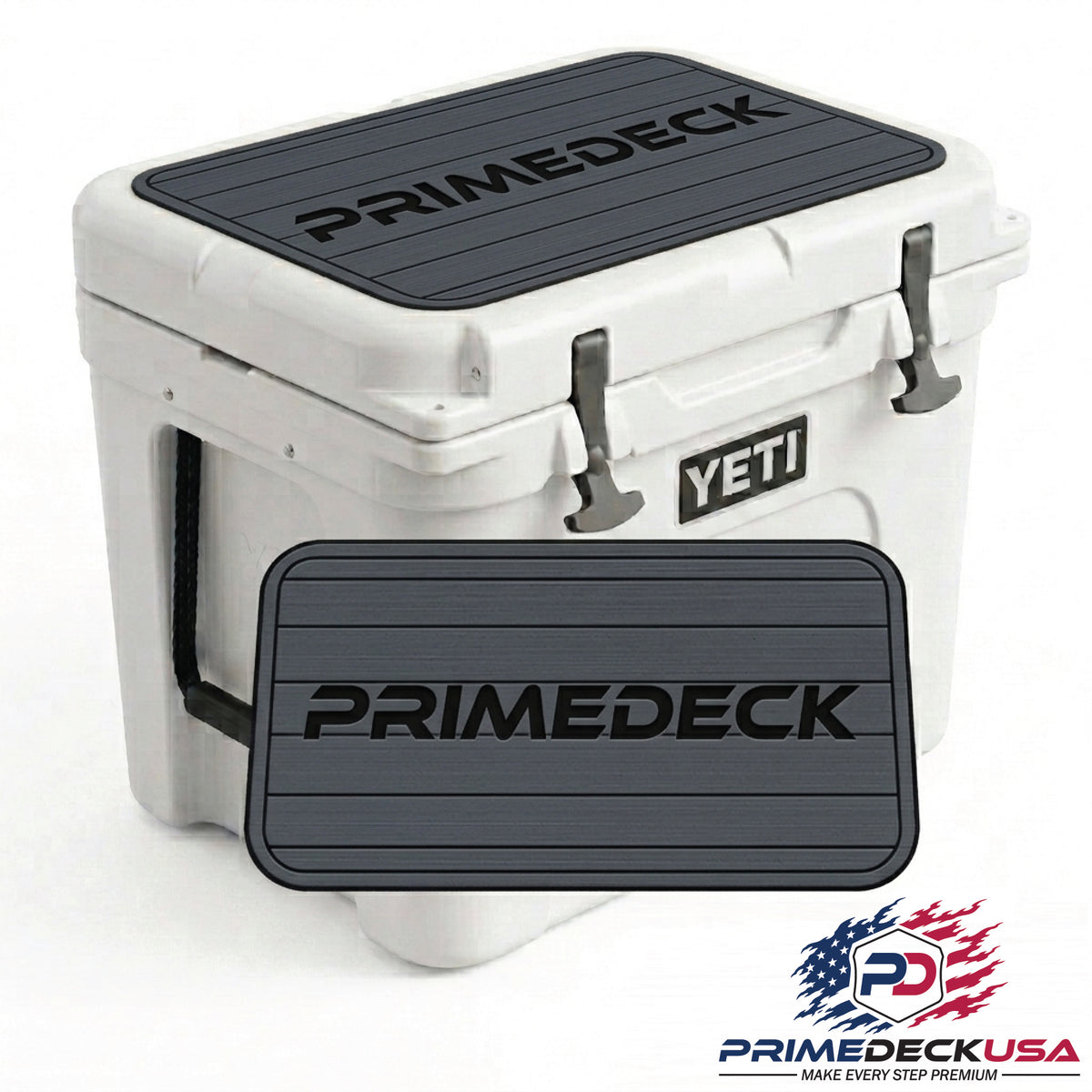 A white YETI cooler with black PRIMEDECK non-slip rubber mats on the lid and front, shown on a white background with a PrimeDeckUSA logo in the bottom right corner.
