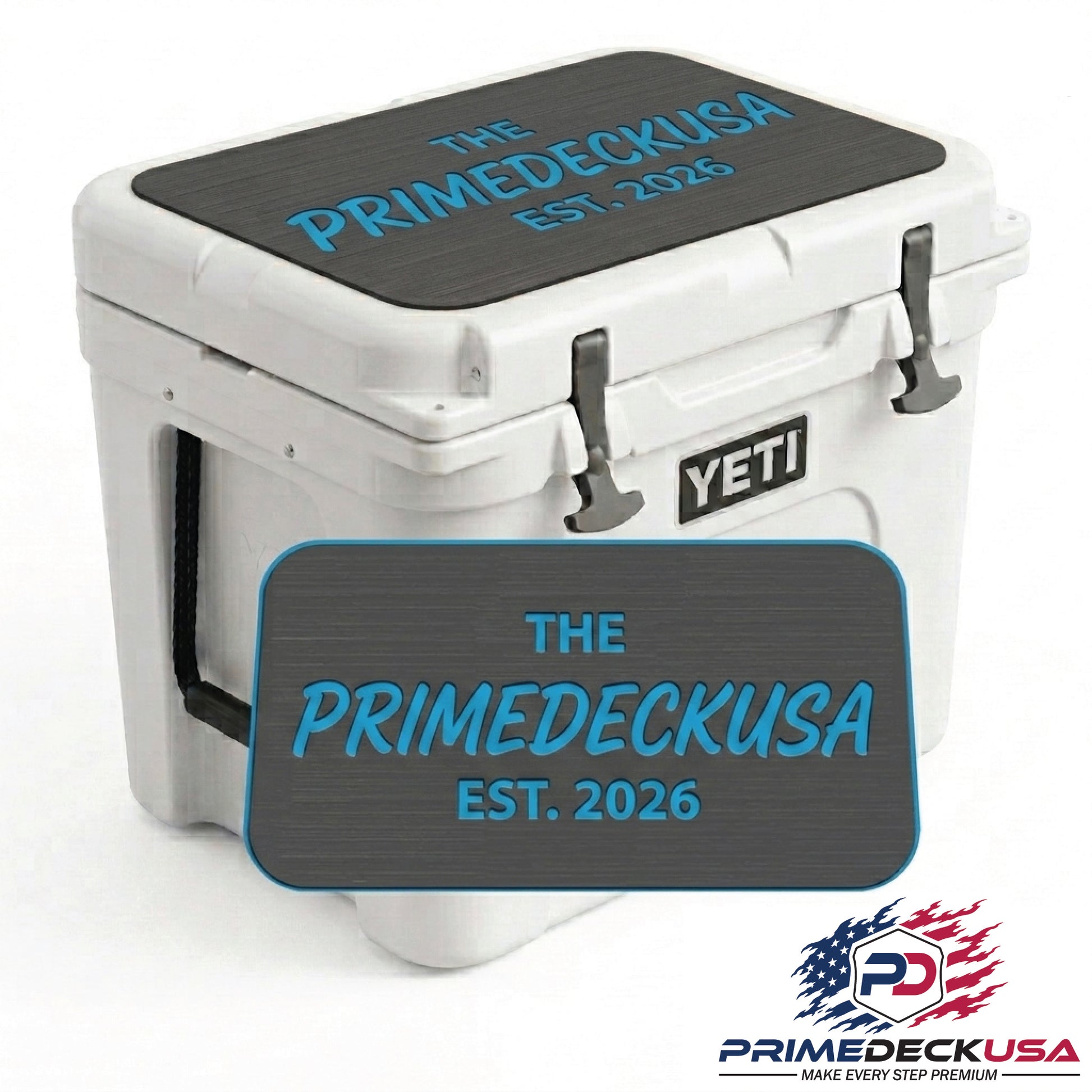 A white YETI cooler with a dark gray custom decal on the lid and a matching decal shown in front. The decal features the text 'THE PRIMEDECKUSA EST.