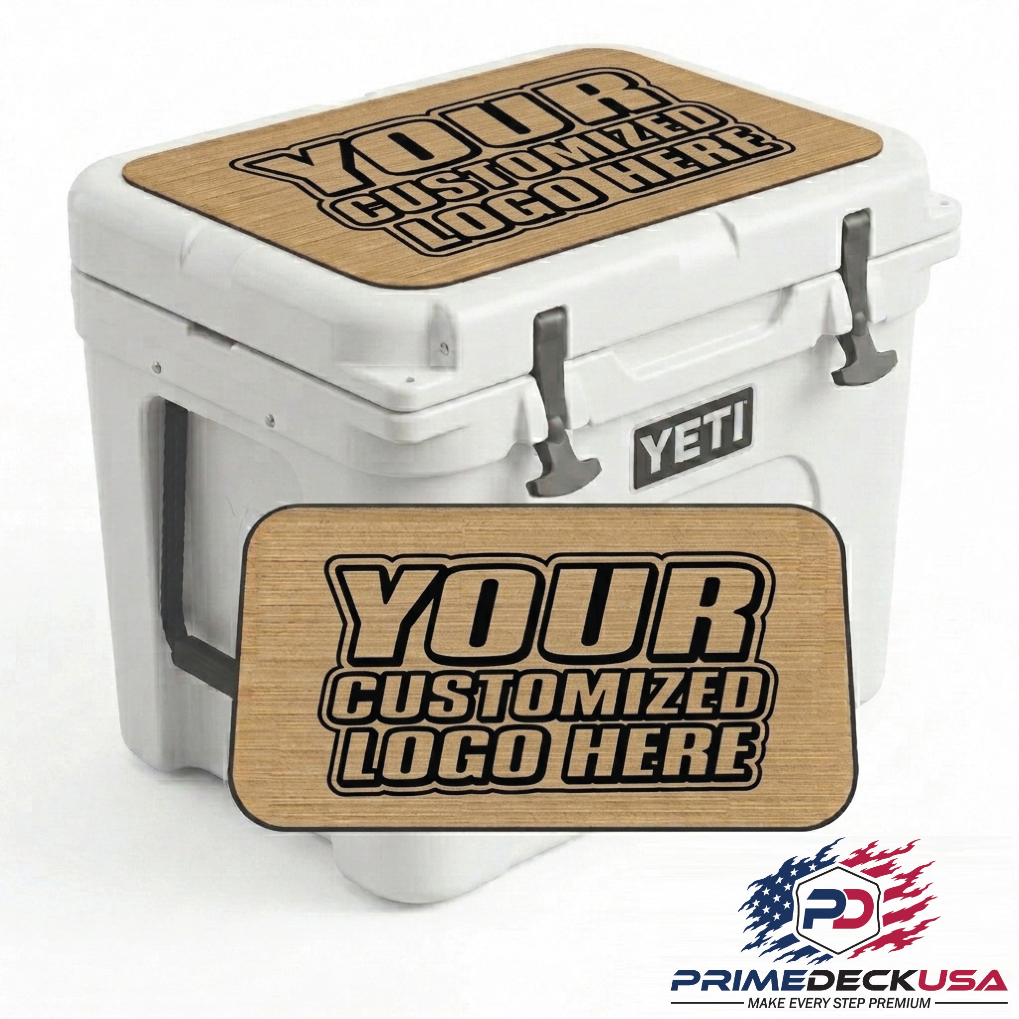 A white YETI cooler shown on a white background with a large custom wood-texture logo decal displayed on the lid and a smaller matching decal in front. The decal has placeholder text reading 'YOUR CUSTOMIZED LOGO HERE.