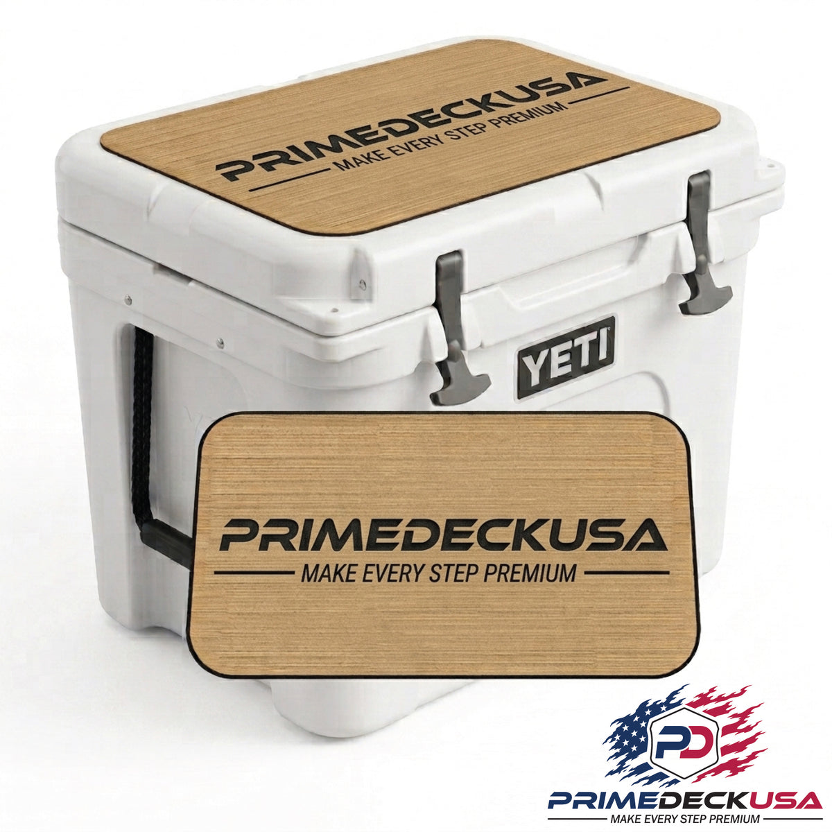 A white YETI cooler with custom light brown wood-look deck mats on top, shown on a white background with a brand logo watermark in the lower right corner.