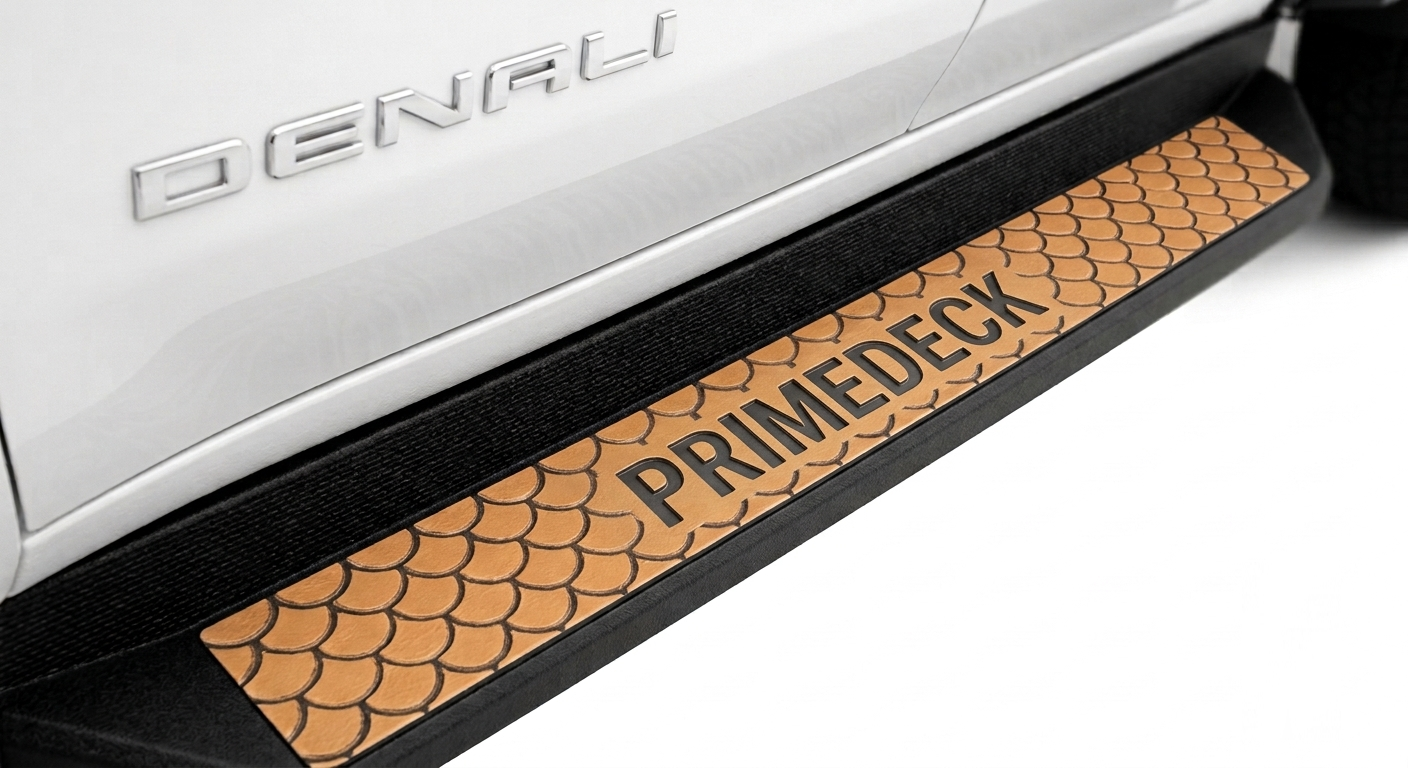 Close-up of a black side step bar with a tan textured grip pad featuring the word PRIMEDECK, mounted on the side of a white vehicle with a visible DENALI emblem.