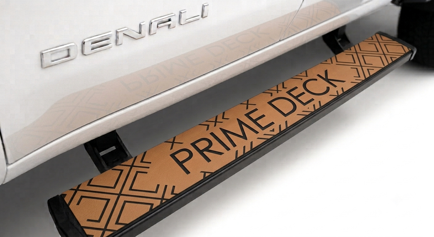 A close-up of a tan and black textured deck step labeled 'PRIME DECK' mounted below a white vehicle with a visible 'DENALI' emblem.